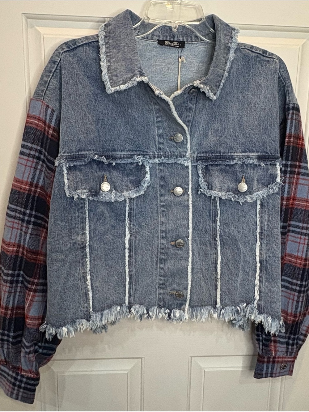 Miss Me Women's L Denim Jacket Blue/Red Plaid Sleeves Fringe Buttons MJ0513L